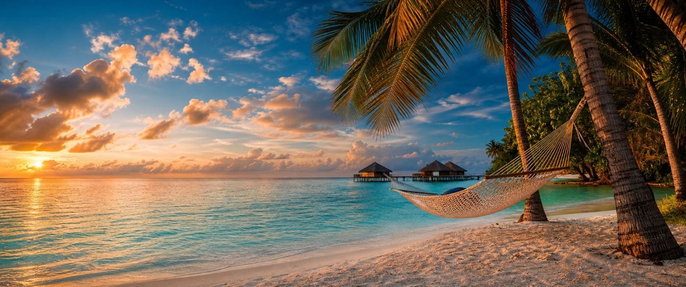 Palm-fringed tropical beach with turquoise shallows meeting white sand