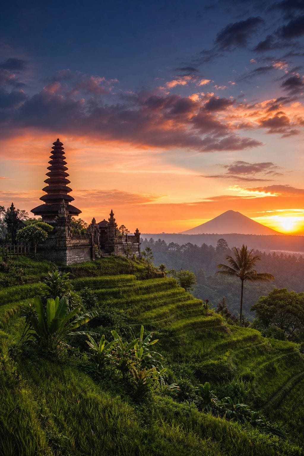 Tiered Balinese temple among palm trees with a volcano behind at sunrise