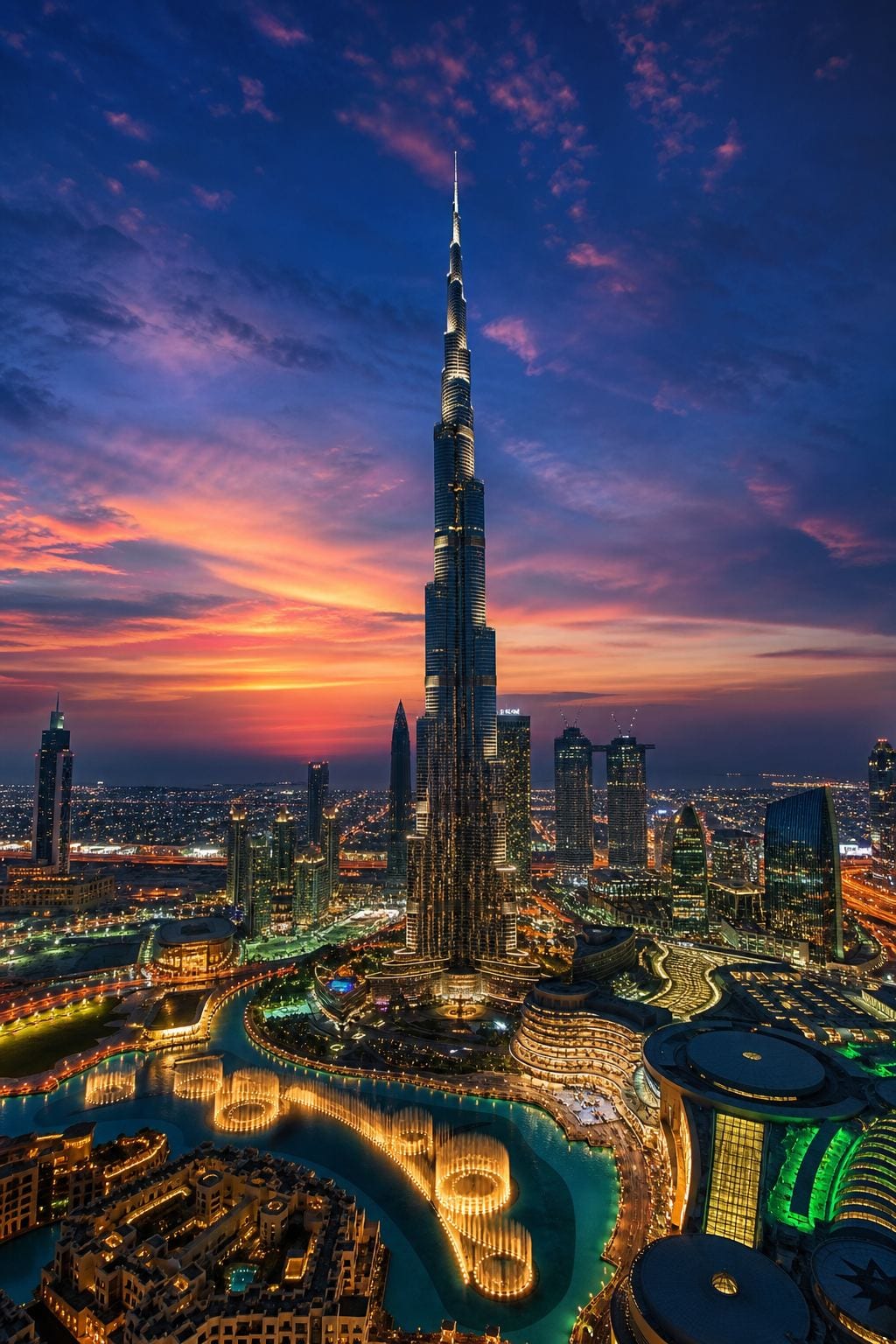 Dubai skyline at dusk with the Burj Khalifa above the city lights