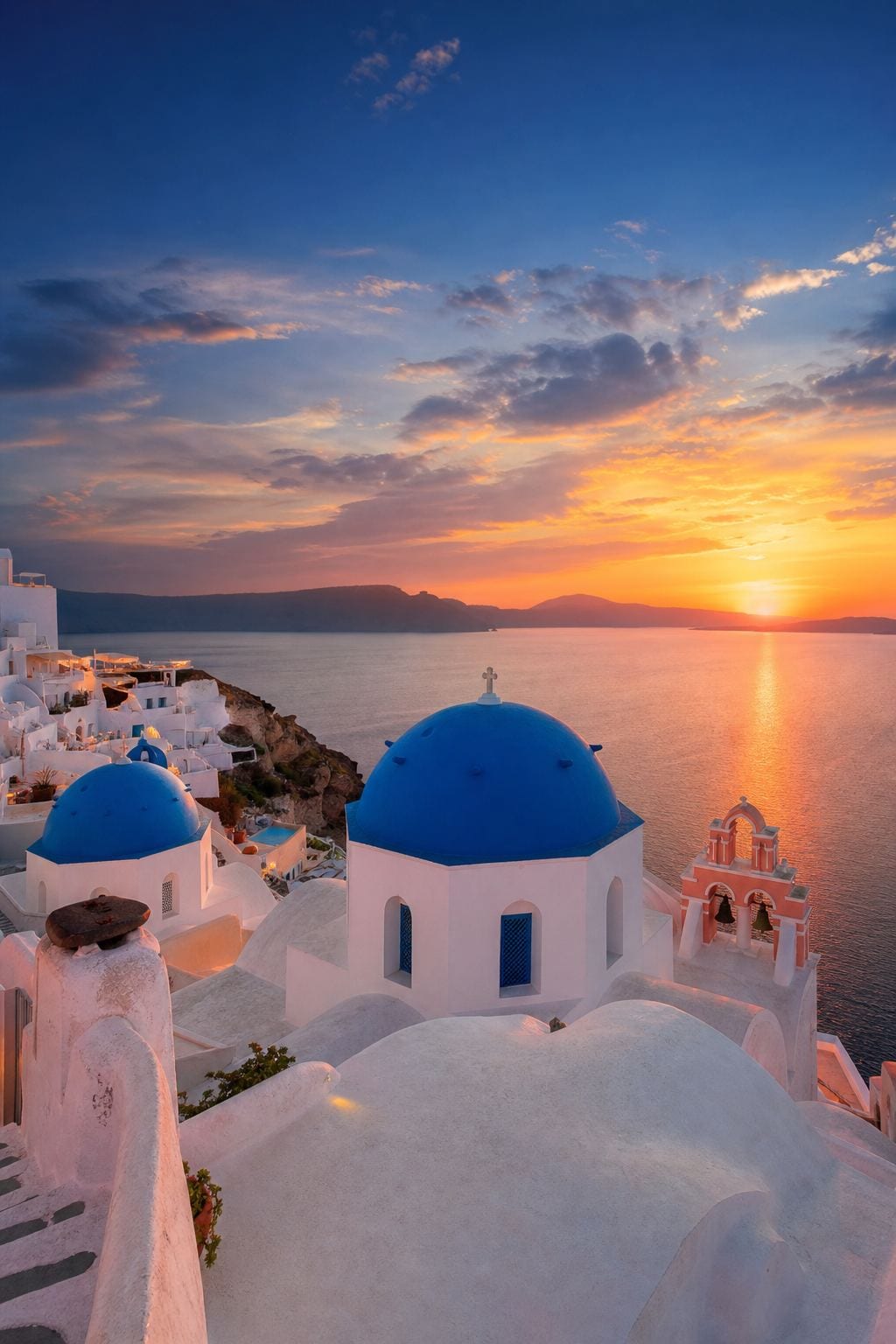 Whitewashed Santorini church domes overlooking the Aegean at sunset