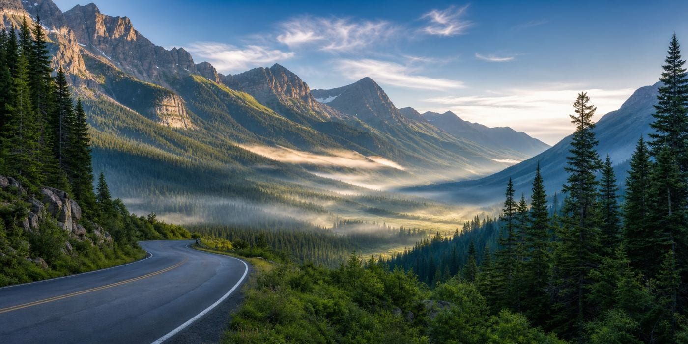 Terraced green hillsides receding into mist under mountain peaks