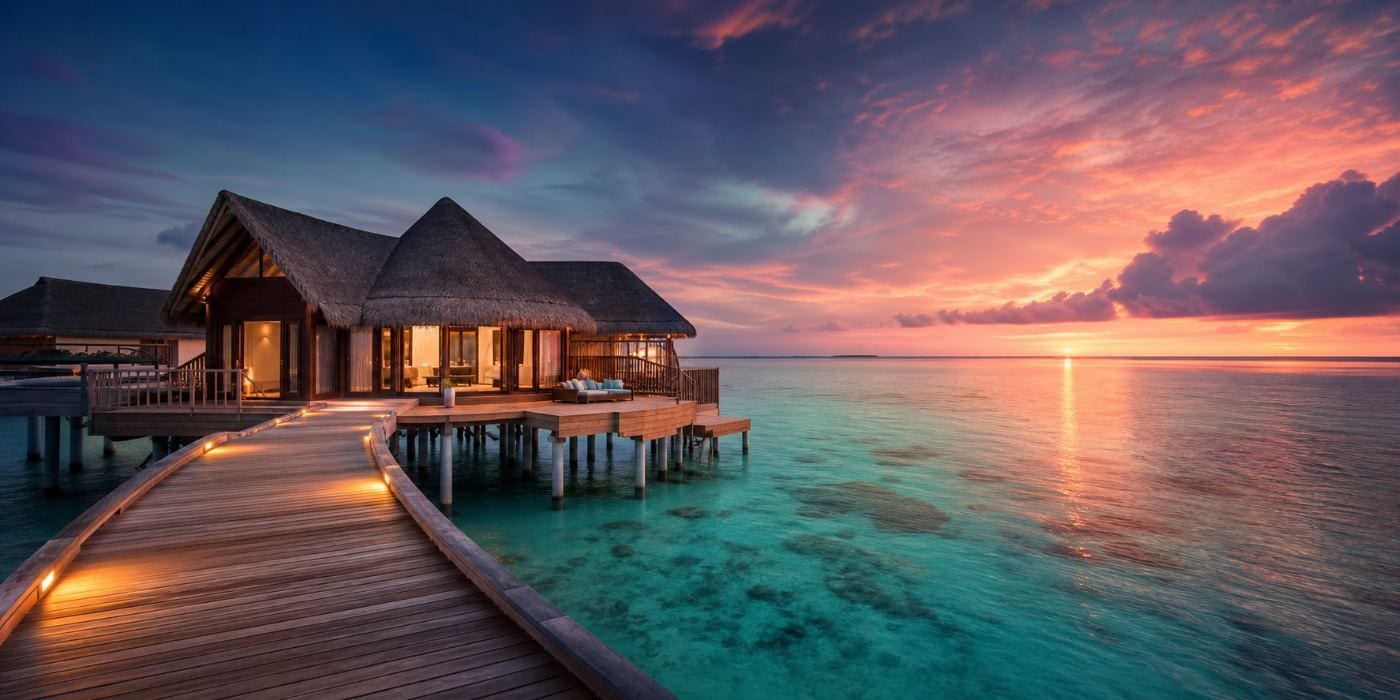 Overwater villa on a calm lagoon at golden hour