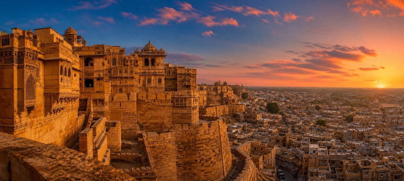 Historic Indian palace façade above a lake at sunset